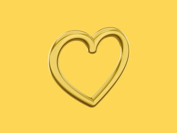 玩具金属心脏 爱情的象征 金色单色 在一个坚实的黄色背景上 看左边 3D渲染 — 图库照片