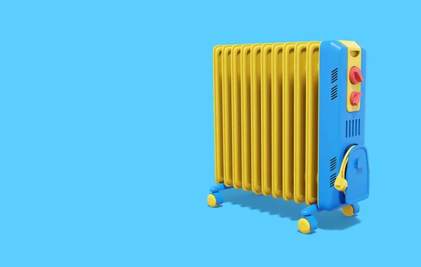3d rendering. Multicolored electric oil heater on blue background with space for text