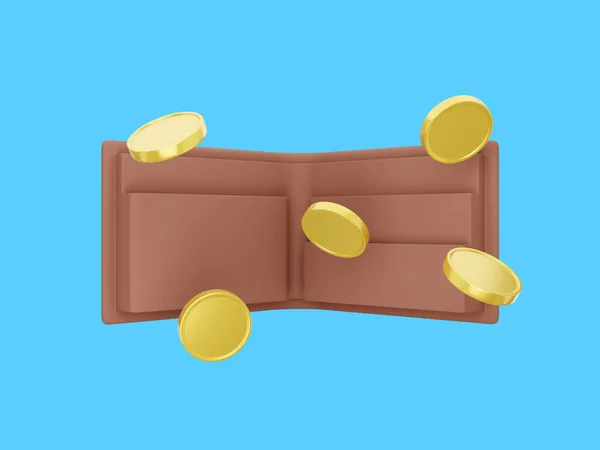 Payment concept. Open wallet with coins on blue background. Savings, enrichment icon. 3d rendering.