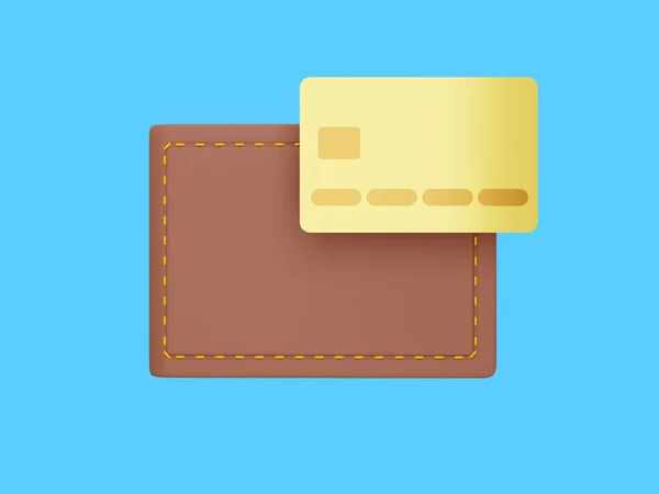 Closed wallet with credit card on blue background. Savings, enrichment icon. Payment concept. 3d rendering