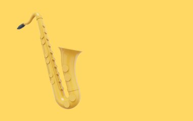 Sarı saksafon, müzik aleti, yandan. 3D görüntüleme. Sarı arkaplanda simge, metin için boşluk