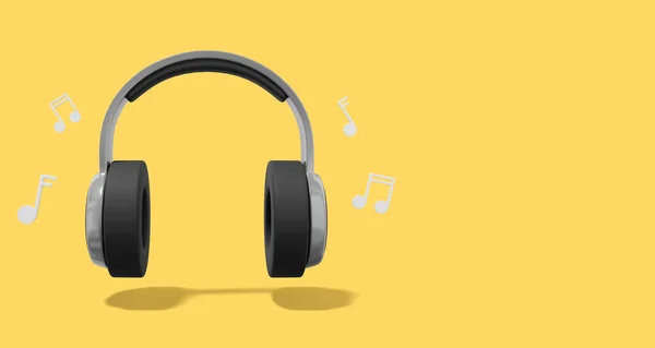 Rendering Realistic Gray Headphones Musical Notes Yellow Background Space Text — Stock Photo, Image