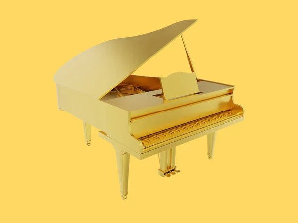 大钢琴黄金金属 3D渲染 黄色背景的图标 — 图库照片