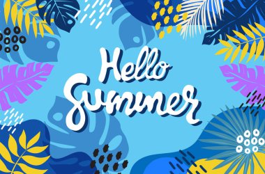 Arkaplan yaz yaprağı tropikal taze mavi bayrak vektör illüstrasyonu