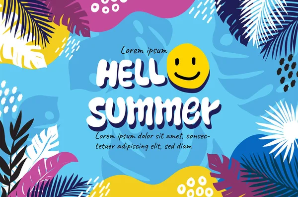 Μπλε Φόντο Φύλλα Καλοκαίρι Τροπικό Χαμόγελο Πανό Κείμενο Διάνυσμα Εικονογράφηση — Διανυσματικό Αρχείο