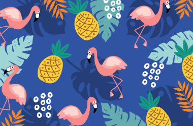 yaz desenli mavi ananas ve flamingo arka plan tropikal vektör illüstrasyonunu oluşturur