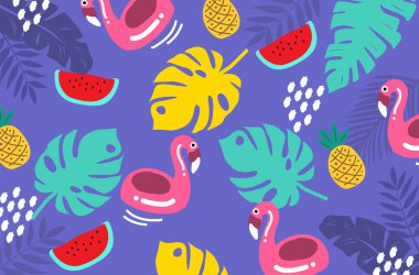 yaz desenli flamingo karpuz ananas mavi arka plan tropikal vektör çizimleri
