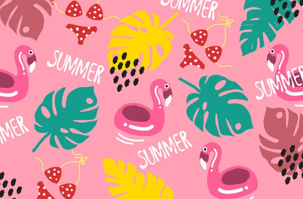 Verão Padrão Rosa Biquíni Flamingo Fundo Folhas Tropical Vetor Ilustração — Vetor de Stock