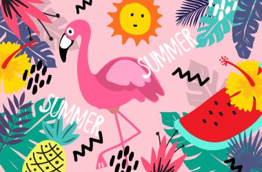 Yazın pembe arka plan afişi güneş ananas flamingo sarı çiçek karpuz vektör illüstrasyonu