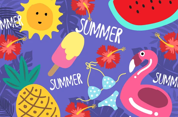 夏青の背景バナー太陽パイナップルビキニ花スイカベクトルイラスト — ストックベクタ