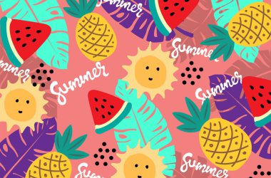  Yaz portakal desenli arka plan güneş karpuzu ve ananas vektör çizimi