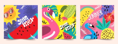 Yaz kartları afiş karpuz ananas mavi flamingo güneş arka plan tropikal illüstrasyon vektörü
