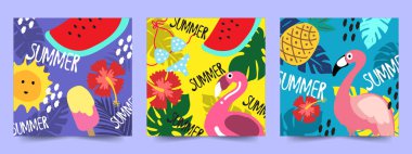 Yaz kartları afişi karpuz ananas flamingo bikini arka plan tropikal vektör illüstrasyonu