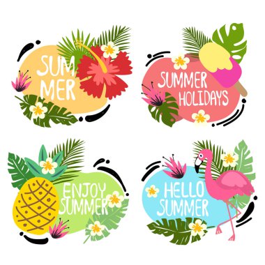  logo etiketi yaz kavramları flamingo ananas tasarımı illüstrasyonu