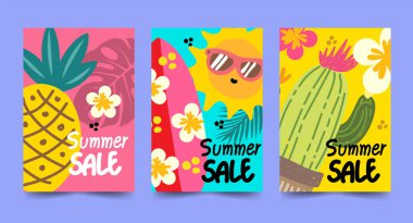 Yaz indirimi kartpostal seti poster tasarımları güneş ananas sörf tahtası kaktüs çizimleri