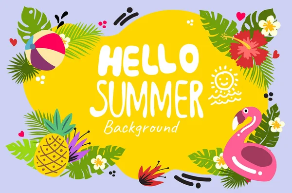 Yellow Background Hello Summer Concepts Art Design Flamingo Ball Pineapple — Stock Vector