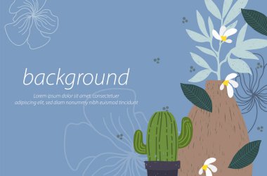  Çiçek vazosu kaktüsü el işi doku mavi arkaplan tasarım illüstrasyon vektörü