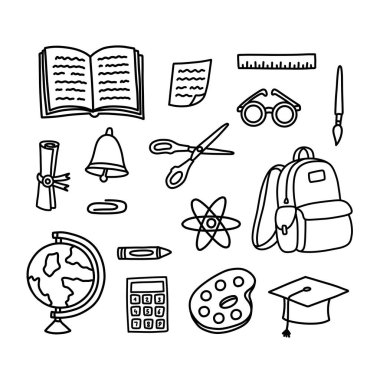 Okul malzemeleri karalama simgeleri, vektör illüstrasyonu