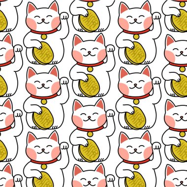 Japon şanslı kedisi maneki neko kusursuz karalama deseni, vektör illüstrasyonu