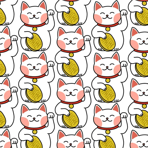 Japans Geluk Kat Maneki Neko Naadloze Doodle Patroon Vector Illustratie — Stockvector