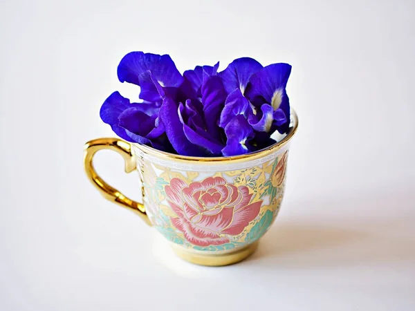 Cup Tea Blue Flowers Isolated White Background White Cup Tea — Stock Fotó