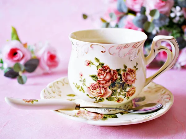 Antique Set Cup Black Tea Set Whit Pink Rose Flowers — стоковое фото