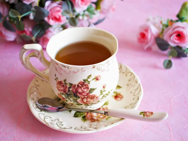 Conjunto Antigo Xícara Chá Preto Definido Whit Rosa Rosa Flores — Fotografia de Stock