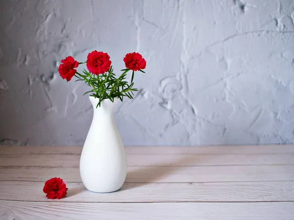 Red flowers in vase on table still life flowers for background or wallpaper ,red moss rose purslane portulaca grandiflora ,text message writing ,Valentine\'s day ,love card design ,romantic lovely