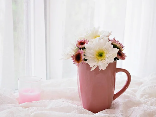 White Pink Flowers Mug Cup Tea Embroidered Cloth Lace Window — Stock Photo, Image