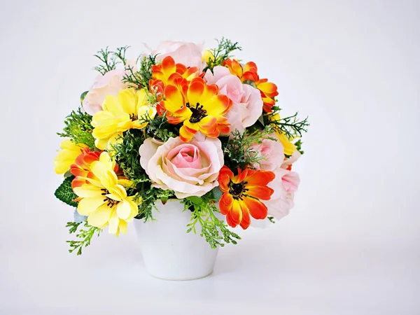 Pastel Colored Artificial Flowers Bouquet Pot Table Copy Space Text — Stock Photo, Image