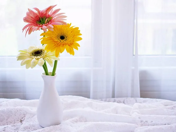 在桌子上花瓶里放着美丽的洁白菊花 在木制桌子窗上放着刻有文字或字母的瓷花 或者在壁纸上挂着庆祝的包装纸 — 图库照片