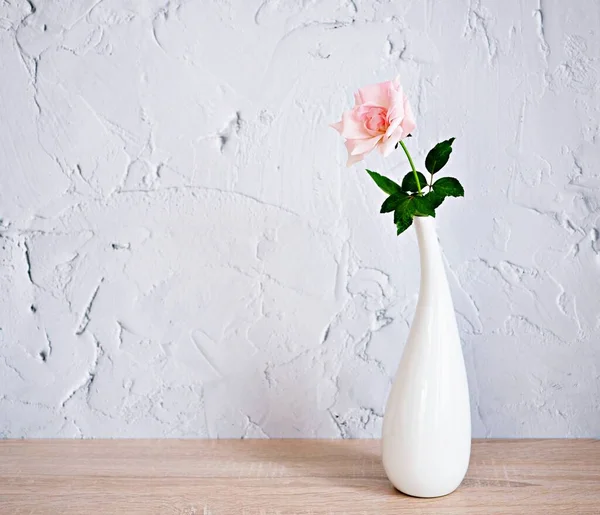 Rózsaszín Rózsa Fehér Váza Asztalon Gyönyörű Pasztell Rózsaszín Másolási Hely — Stock Fotó