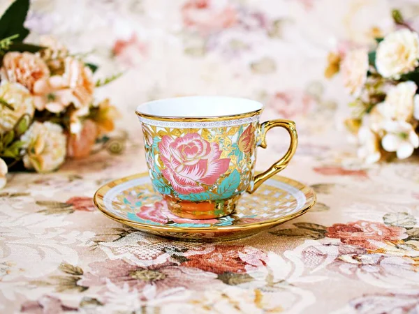 Antique Cup Tea Saucer Yellow Orange Rose Flowers Background Porcelain — Fotografia de Stock
