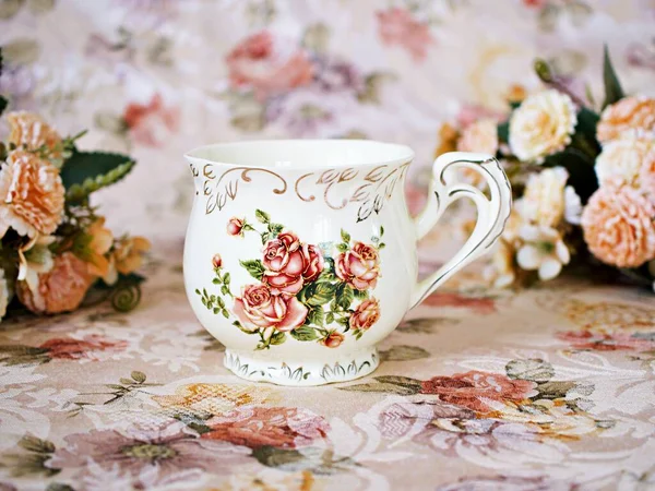 Antique Cup Tea Saucer Yellow Orange Rose Flowers Background Porcelain — Stock Fotó