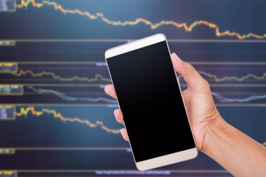 Kalem ve grafik çizelgesine sahip güvenli cep telefonu büyümeden önce alım satım önü veri borsası dijital sinyal Trend Line Indicators bulanık arkaplan. Yatırım para birimi kar finansmanı planı.