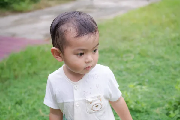 Retrato Lindo Niño Unos Años Edad Pie Sobre Hierba Feliz — Foto de Stock