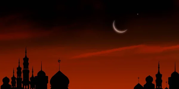 Ramadan Kareem Religieuze Symbolen Moskeeën Koepel Schemernacht Met Crescent Moon — Stockfoto