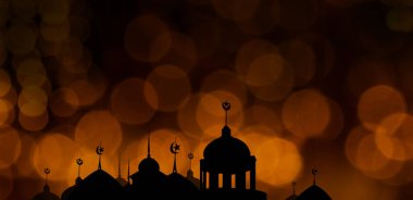 Ramazan kareem din sembolleri. Alacakaranlık Gecesi 'nde cami kubbesi turuncu renkli, açık renkli, siyah arka planlı. Kurban Bayramı, Arap, Kurban Bayramı, Yeni Yıl Muharram Konsepti.