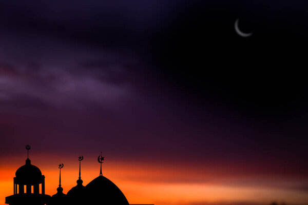 Ramadan kareem religion symbols. Mosques Dome in twilight night with Crescent Moon and sky dark black background. for eid al-fitr, arabic, Eid al-adha, new year muharram concept.