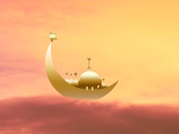 Luna Creciente Estrella Con Cúpula Mezquitas Sobre Fondo Color Naranja —  Fotos de Stock