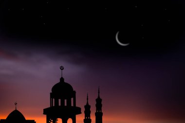 Karanlık bir gecede cami kubbesi ve siyah arka planda Hilal Ay. Yeni yıl Muharram, Kurban Bayramı, Kurban Bayramı, Kurban Bayramı. Din sembolü İslami Ramazan.