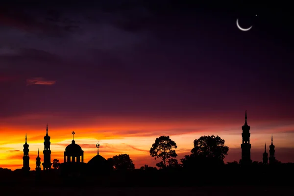 Meczety Kopuła Ciemną Noc Półksiężycem Czarnym Tle Nowy Rok Muharram — Zdjęcie stockowe