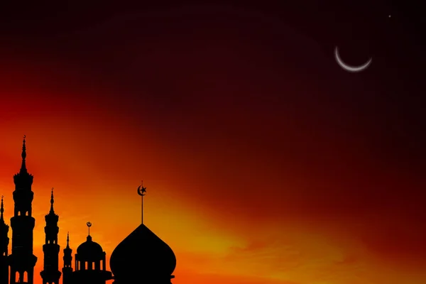 Mosques Dome Mørk Natt Med Crescent Moon Svart Bakgrunn Nyttår – stockfoto