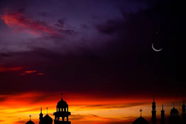 Moscheile Dome Noaptea Întunecată Crescent Moon Fundal Negru Anul Nou — Fotografie, imagine de stoc