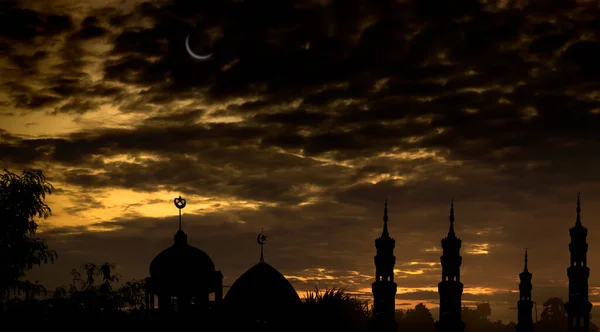 Moscheile Dome Noaptea Întunecată Crescent Moon Fundal Negru Anul Nou — Fotografie, imagine de stoc