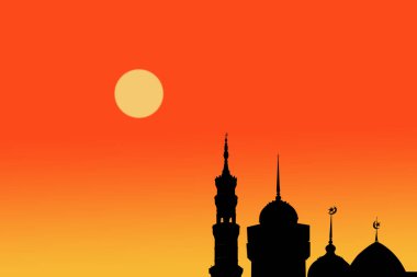 Cami Kubbesi alacakaranlık gökyüzünde gece karanlığında koyu kırmızı ay raamazan İslam sembollerinde yer alır. İslam 'ın yeni yılı Muharram, Mübarek, Kurban Bayramı, Kurban Bayramı, Arap konsepti.