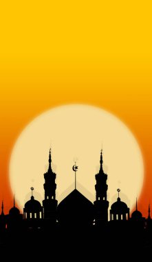 Cami Kubbesi alacakaranlık gökyüzünde gece karanlığında koyu kırmızı ay raamazan İslam sembollerinde yer alır. İslam 'ın yeni yılı Muharram, Mübarek, Kurban Bayramı, Kurban Bayramı, Arap konsepti.