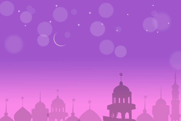 Mosques Dome shadow on twilight sky night on bokeh and purple background with Crescent Moon ramadan islamic religion symbols. Islamic new year Muharram,Mubarak,Eid al-fitr,Eid al-Adha, arabic concept. — Stock Image Mosques Dome Shadow Twilight Sky Night Bokeh Purple Background Crescent Stock Photo