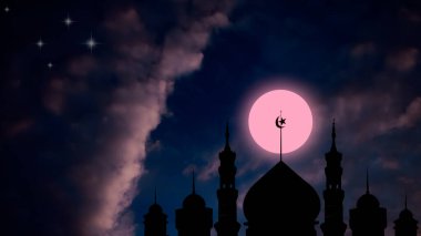 Cami Kubbesi alacakaranlık gökyüzünde gece karanlığında koyu mor ay raamazan İslami din sembollerinde yer alır. İslam 'ın yeni yılı Muharram, Mübarek, Kurban Bayramı, Kurban Bayramı, Arap konsepti.