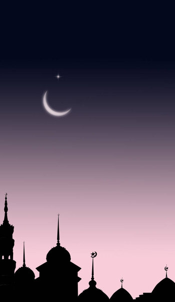 Mosques Dome shadow on twilight sky night dark purple on Moon ramadan islamic religion symbols. Islamic new year Muharram, Mubarak, Eid al-fitr, Eid al-Adha, arabic concept. — Stock Image Mosques Dome Shadow Twilight Sky Night Dark Purple Moon Ramadan Royalty Free Stock Photos